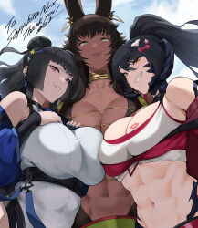  3girls abs anagumasan animal_ears armpit_crease asymmetrical_docking au_ra black_hair bodysuit breast_press breast_tattoo breasts brown_eyes brown_hair cleavage closed_mouth commentary commission cosplay cropped_jacket dark-skinned_female dark_skin double_bun dragon_horns ear_piercing earrings english_commentary evil_twin_ki-sikil evil_twin_ki-sikil_&amp;_lil-la evil_twin_ki-sikil_&amp;_lil-la_(cosplay) evil_twin_ki-sikil_(cosplay) eyebrows_hidden_by_hair final_fantasy final_fantasy_xiv green_eyes groin hair_between_eyes hair_bun hair_ornament hand_on_own_chest highres horns jewelry ki-sikil_(yu-gi-oh!) large_breasts lips long_hair looking_at_viewer looking_down multiple_girls open_mouth piercing ponytail purple_eyes rabbit_ears sapphira_nyx scales second-party_source signature smile tattoo teeth toned toned_female upper_body very_long_hair viera warrior_of_light_(ff14) white_bodysuit yu-gi-oh! 