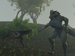  3d_(artwork) 4:3 anthro beckoning black_body blue_eyes clothing crocodilian cthulhu_mythos digital_media_(artwork) duo female feral flailingfornication food gesture grass green_body h._p._lovecraft hi_res hound_of_tindalos jewelry kroxigor_(vulgarvictor) lying morning outside plant reptile scalie smile tail teeth tree walking 