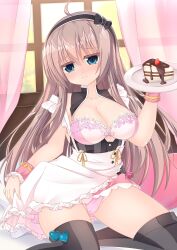  absurdres ahoge alternate_costume apron ass_visible_through_thighs black_bow black_hairband black_thighhighs blue_eyes blush bow bra breasts brown_hair cake cake_slice cleavage closed_mouth colored_eyelashes commentary_request curtains curvy day embarrassed enmaided eyes_visible_through_hair feet_out_of_frame female food frilled_apron frilled_bow frilled_skirt frilled_wrist_cuffs frills fruit furrowed_brow hair_between_eyes hairband hairbow hand_up highres holding holding_tray indoors lace-trimmed_bra lace_trim large_breasts long_hair looking_at_viewer maid maid_apron miniskirt misu_t_(ccc) nose_blush paid_reward_available panties pink_bra pink_panties pink_skirt pink_wrist_cuffs sanoba_witch shiiba_tsumugi sitting skirt solo straight_hair strawberry striped_clothes striped_thighhighs thighhighs thighs tray underwear vertical-striped_clothes vertical-striped_thighhighs very_long_hair waitress wavy_mouth white_apron window wrist_cuffs yokozuwari 