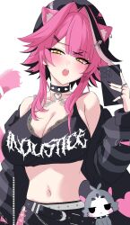  absurdres beret black_skirt black_tank_top breasts cellphone chattino_(raora_panthera) cleavage collar crop_top female fish_bone_hair_ornament goth_fashion hair_ornament hat highres holding holding_phone hololive hololive_english huge_breasts multicolored_hair navel open_mouth phone pink_hair raora_panthera ruru_(ruru_nnnn) selfie short_hair_with_long_locks simple_background skirt smartphone spiked_collar spikes streaked_hair tank_top virtual_youtuber white_background x_hair_ornament yellow_eyes 