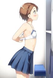  ai-generated blue_skirt bra brown_hair hair_ornament hairpin locker locker_room original school_uniform short_hair skirt underwear undressing white_bra 