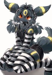  2025 anthro armwear bow_ribbon breasts clothing collar ear_piercing eeveelution electronics eyebrow_through_hair eyebrows eyelashes eyelashes_through_hair female fur generation_2_pokemon grey_body grey_fur grey_hair hair headphones hi_res legwear looking_at_viewer maimoonrabbit markings nintendo orange_eyes pattern_armwear pattern_clothing pattern_legwear paws piercing pokemon pokemon_(species) ring_(marking) signature simple_background solo spiked_collar spikes striped_armwear striped_clothing striped_legwear stripes tail translucent translucent_hair umbreon 