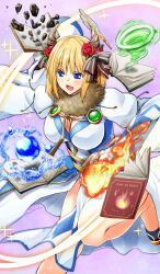  blonde_hair blue_eyes blush book breasts commentary_request dress elements female fire flower foot_out_of_frame fur_collar gold_trim hair_flower hair_ornament highres holding holding_book juliet_sleeves large_breasts layered_dress long_dress long_sleeves looking_afar official_alternate_costume open_mouth pelvic_curtain puffy_sleeves purple_background pyrokinesis ragnarok_online red_flower red_rose rock rose short_hair smile solo sorcerer_(ragnarok_online) takaha_momo water_drop whirlwind white_dress 