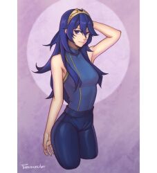  adapted_costume arm_behind_head arm_up armpits artist_name bare_arms bare_shoulders blue_eyes blue_hair blue_pants blue_shirt breasts closed_mouth commentary cowboy_shot cropped_legs denim english_commentary female fire_emblem fire_emblem_awakening hair_between_eyes jeans light_smile long_hair looking_at_viewer lucina_(fire_emblem) medium_breasts pants phrecklesart purple_background shirt sidelocks signature simple_background sleeveless sleeveless_shirt smile solo tiara tight_clothes tight_pants two-tone_background 