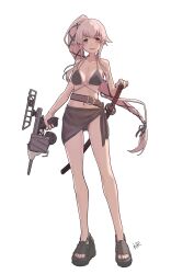  alternate_costume bikini breasts brown_bikini brown_sarong female full_body gun hair_flaps hair_ribbon highres kantai_collection long_hair looking_at_viewer medium_breasts neve_(morris-minicooper) pink_hair ponytail ribbon sandals sarong simple_background solo swimsuit sword very_long_hair weapon white_background yura_(kancolle) 