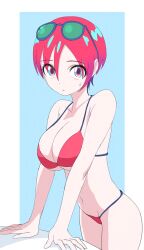  absurdres amate_yuzuriha aqua_eyes bikini border breasts closed_mouth commentary_request expressionless eyewear_on_head female gundam gundam_gquuuuuux highres kira_yuu large_breasts looking_at_viewer navel official_alternate_costume orange_bikini red_hair short_hair simple_background solo stomach string_bikini sunglasses swimsuit white_border 