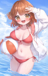  beach bikini blue_sky breasts brown_hair cloud commentary_request day female front-tie_bikini_top front-tie_top gakuen_idolmaster hair_bun hanami_ume highres horizon idolmaster masaki_(msk064) medium_breasts ocean open_mouth outdoors red_bikini round_teeth short_hair side-tie_bikini_bottom single_hair_bun sky smile solo swimsuit teeth upper_teeth_only wading water 