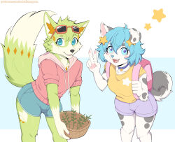  absurd_res accessory ahoge anthro arm_tuft backpack basket biped black_eyebrows black_nose blue_bottomwear blue_clothing blue_eyes blue_hair blue_nose blue_shorts blush blush_stickers bottomwear canid canine canis cheek_tuft chest_markings circle_eyebrows claws clothed clothed_anthro clothed_female clothed_male clothing container dalmatian domestic_dog drawstring drawstring_topwear duo elbow_tuft eyebrows eyelashes eyewear eyewear_on_head facial_markings facial_tuft fangs female female_anthro finger_claws fingerpads floppy_ears fluffy fluffy_tail fox fur gesture gloves_(marking) green_body green_ears green_fur green_tail grey_eyebrows grey_spots grey_tail hair hair_accessory hand_gesture head_markings heart_(marking) hi_res holding_basket holding_container holding_object hoodie hoshimi_(kurarifox) inner_ear_fluff knee_tuft kurarifox leg_markings leg_tuft looking_at_viewer male male_anthro mammal markings multicolored_body multicolored_fur multicolored_tail one_ear_up open_mouth open_smile orange_inner_ear_fluff orange_markings pawpads pink_backpack pink_claws pink_clothing pink_hoodie pink_pawpads pink_topwear plant print_clothing print_shirt print_topwear purple_bottomwear purple_clothing purple_shorts shirt shorts simple_background smile spots star_print sunglasses sunglasses_on_head sweatshirt tail tail_markings teeth thigh_markings tongue_showing topwear tuft v_sign white_body white_fur white_inner_ear white_markings white_tail yellow_clothing yellow_shirt yellow_topwear 