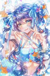  :q armpits arms_up bare_arms blue_eyes blue_nails breasts bubble criss-cross_halter curly_hair female fish glasses goldfish hair_ribbon halterneck head_tilt heart heart-shaped_eyewear highres long_hair mira_hidume original ribbon solo tank_top tongue tongue_out twintails two-tone_eyes upper_body v yellow_eyes 