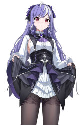  absurdres ahoge black_dress black_pantyhose breasts clothes_lift commentary_request dress dress_lift elf female highres lifting_own_clothes medium_breasts pantyhose pointy_ears purple_hair red_eyes sideboob simple_background skrillex_li solo vivian_(zenless_zone_zero) white_background zenless_zone_zero 