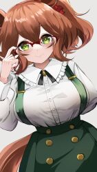  :d animal_ears aston_machan_(umamusume) black_ribbon breasts brown_hair casual cowboy_shot female frilled_shirt_collar frills glasses green_skirt grin hair_ornament hair_scrunchie hand_up highres horse_ears horse_girl large_breasts leaning_forward long_hair looking_at_viewer maou_(maoudaisukiya) neck_ribbon one_side_up over-rim_eyewear parted_lips red-framed_eyewear ribbon scrunchie semi-rimless_eyewear shirt skirt smile solo suspender_skirt suspenders umamusume white_shirt yellow_eyes 