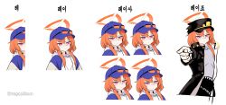  absurdres alternate_costume bandaid black_hat blue_hat cosplay female hat highres hood hooded_jacket index_finger_raised jacket jojo_no_kimyou_na_bouken korean_text kujo_jotaro kujo_jotaro_(cosplay) orange_eyes orange_hair rei_(blue_archive) simple_background solo sunglasses threeboon twitter_username upper_body white_background 