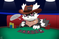  badge black_body black_fur card claws clothing colored cowboy_hat digital_media_(artwork) digital_painting_(artwork) english_description fur galarian_form galarian_zigzagoon gambling generation_3_pokemon generation_8_pokemon hat headgear headwear hi_res light lighting lily_kobold looking_at_viewer male multicolored_body multicolored_fur narration nintendo painting_(artwork) playing_card pokemon pokemon_(species) pokemon_mystery_dungeon poker poker_chip poker_table red_eyes regional_form_(pokemon) scarf shaded shadow signature sitting smile smiling_at_viewer smirk smirking_at_viewer solo spike_chunsoft two_tone_body two_tone_fur white_body white_ears white_fur zigzagoon 