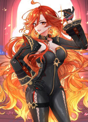  biker_clothes bikesuit black_bikesuit black_gloves black_jacket bodysuit breasts cleavage cowboy_shot cropped_jacket crotch_zipper female genshin_impact gloves gradient_hair hand_on_own_hip highres holding holding_removed_eyewear hotaboshi_yazuki jacket long_hair mavuika_(genshin_impact) medium_breasts multicolored_hair open_mouth orange_hair orange_pupils red-framed_eyewear red_eyes red_hair red_lips solo strapless_bodysuit sun-shaped_pupils sun_earrings sunburst_iris unworn_eyewear 