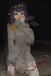  absurdres alternate_costume artist_name black_eyes blonde_hair blood blood_on_clothes blood_on_ground blood_on_knife blush breath broken_glass chocosong commentary_request covering_own_mouth crying dark female glass grey_sweater highres holding holding_knife hololive hololive_english kneeling knife long_hair long_sleeves multicolored_hair ninomae_ina&#039;nis oversized_sweater pointy_ears purple_hair signature sleeves_past_wrists spotlight stone_floor sweater takodachi_(ninomae_ina&#039;nis) tentacle_hair two-tone_hair virtual_youtuber 