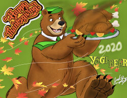  2020 absurd_res autumn autumn_leaves avian bear berry bird black_eyes brown_body brown_fur clothing collar food fruit fur galliform grass green_background greeting hanna-barbera hat headgear headwear hi_res holidays leaf mammal necktie open_mouth open_smile orange_(fruit) phasianid plant plate running simple_background smile teeth thanksgiving tongue turkey yingcartoonman yogi_bear 