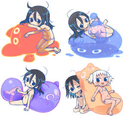  2girls bikini black_bikini black_hair drinking_straw fat_rolls flat_chest full_body highres long_hair multiple_girls multiple_views original petite saxyun short_twintails sitting slime_(creature) swimsuit twintails white_background white_hair 