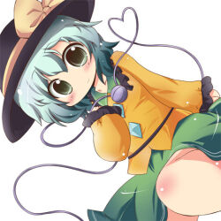  black_hat blush bow buttons closed_mouth collared_shirt commentary_request diamond_button dutch_angle female flat_chest frilled_shirt_collar frilled_sleeves frills green_eyes green_hair green_skirt hair_between_eyes hand_up hat hat_bow heart heart_of_string knee_blush komeiji_koishi medium_hair muuba shirt simple_background skirt sleeves_past_wrists smile solo third_eye touhou white_background yellow_bow yellow_shirt 