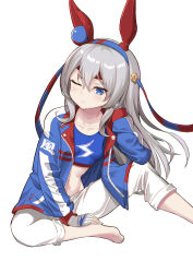  ;( absurdres animal_ears barefoot blue_hairband blue_jacket blue_tank_top breasts chinese_commentary commentary_request ear_covers female grey_hair hair_between_eyes hairband headband highres horse_ears jacket lightning_bolt_print long_hair long_sidelocks looking_at_viewer no_tail official_alternate_costume open_clothes open_jacket pants pants_rolled_up parted_bangs red_headband senbonsang sidelocks simple_background small_breasts solo tamamo_cross_(umamusume) tank_top umamusume very_long_hair white_background white_pants 