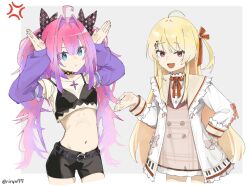  2girls ahoge anger_vein arms_up beamed_eighth_notes belt black_bra black_shorts blonde_hair blue_archive blue_eyes bow bra bra_over_clothes breasts brown_dress brown_sailor_collar choker cowboy_shot cropped_shirt dress frilled_jacket frills grey_background hair_intakes hair_ornament hair_ribbon hairbow hand_on_own_hip highres hololive hololive_dev_is jacket kikirara_vivi long_hair looking_at_viewer multicolored_hair multiple_girls musical_note musical_note_hair_ornament navel one_side_up open_mouth otonose_kanade otonose_kanade_(1st_costume) piano_keys piano_print pink_hair plaid_clothes plaid_dress pose_imitation purple_arm_warmers purple_hair red_eyes red_ribbon ribbon riryn77 sailor_collar shirt short_shorts shorts simple_background smile smug sparkle_print star-shaped_gem stomach t-shirt twintails twitter_username two-tone_background two-tone_hair underwear very_long_hair virtual_youtuber white_background white_jacket white_shirt 