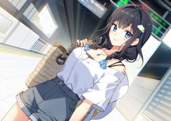  bag black_hair blue_eyes blurry braid camisole cloud_hair_ornament cowboy_shot denim denim_shorts dutch_angle female hair_intakes handbag hat itsumo_wa_majime_na_iinchou_dakedo_kimi_no_kanojo_ni_nareru_kana? long_hair nardack novel_illustration off-shoulder_shirt off_shoulder official_art second-party_source shirt shorts smile solo standing subway_station twin_braids unworn_headwear yoshino_sara 