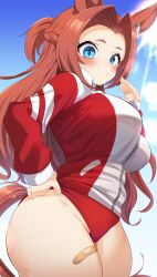  absurdres alternate_costume animal_ears bandaid_on_thigh blue_eyes breasts brown_hair buruma closed_mouth commentary_request cowboy_shot day ear_ornament female hair_intakes half_up_braid hand_on_own_hip highres horse_ears horse_girl horse_tail jacket kawakami_princess_(umamusume) large_breasts maou_(maoudaisukiya) outdoors red_buruma red_jacket solo tail track_jacket umamusume 