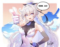  absurdres aiming aiming_at_viewer black_choker blue_eyes breasts chinese_commentary chinese_text choker cleavage covered_navel earrings feather_choker female finger_gun gloves hand_on_own_hip high_ponytail highres honkai_(series) honkai_impact_3rd jewelry kiana_kaslana kiana_kaslana_(herrscher_of_finality) large_breasts long_hair open_mouth polka_dot polka_dot_background ponytail raito_(280089691) see-through_cleavage see-through_clothes signature single_earring smile solo speech_bubble very_long_hair white_gloves white_hair 