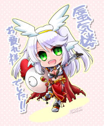  :d arm_up armor armored_boots artist_name bikini_armor black_gloves black_thighhighs boots breasts cape chibi chibi_only chicken_mask cleavage commentary_request cross_of_prontera dated fake_wings female full_body gloves green_eyes grey_hair head_wings highres holding holding_mask long_hair looking_at_viewer mask medium_breasts open_mouth pelvic_curtain pink_background polka_dot polka_dot_background ragnarok_online red_cape rune_knight_(ragnarok_online) smile solo takaha_momo thighhighs torn_cape torn_clothes translation_request vambraces wings 