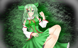  bare_shoulders commentary_request detached_sleeves female green_eyes green_hair green_hat hair_between_eyes hair_ornament hat mizuki_(satukisen) seoi_ha tagme touhou touhou_shizenyu white_sleeves 