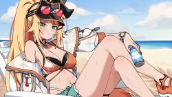  absurdres bare_legs bare_shoulders beach beach_chair bikini black_bikini black_choker black_survival blonde_hair blue_eyes blue_shorts breasts can choker cleavage closed_mouth crossed_legs cutoffs day denim denim_shorts eternal_return:_black_survival eyewear_on_headwear female frown high_ponytail highres holding holding_can jacket layered_bikini legs_up long_hair long_sleeves looking_at_viewer lying medium_breasts navel nicky_blake off_shoulder official_alternate_costume on_back open_clothes open_jacket orange_bikini outdoors ponytail reclining see-through_clothes shoes short_shorts shorts sidelocks solo stomach string_bikini sweat swimsuit taenyaki thighs v-shaped_eyebrows very_long_hair visor_cap wet white_jacket 
