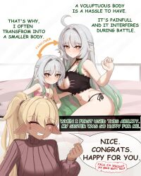  2girls ahoge anger_vein bare_shoulders bell black_bra black_choker black_panties blush bra breasts cat_cutout censored censored_profanity censored_text choker cleavage cleavage_cutout clenched_teeth closed_eyes clothing_cutout collarbone commentary damilola_(mockingeu) dark-skinned_female dark_skin divya_(mockingeu) english_commentary english_text facial_mark frilled_bra frills gradient_hair green_hair hair_between_eyes hand_up high_ponytail highres jingle_bell large_breasts long_hair long_sleeves mockingeu multicolored_hair multiple_girls navel neck_bell original panties pink_choker pointy_ears ponytail red_sweater side-tie_panties speech_bubble stomach sweater teeth transformation underwear very_long_hair white_hair yellow_eyes 