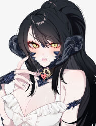  artist_request au_ra black_hair blush breasts cleavage commission dragon_horns dress eyebrows_hidden_by_hair female final_fantasy final_fantasy_xiv hair_between_eyes highres horns large_breasts long_hair looking_at_viewer makeup open_mouth ponytail sapphira_nyx scales second-party_source simple_background solo sweatdrop upper_body variant_set warrior_of_light_(ff14) white_background white_dress yellow_eyes 