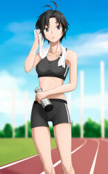  antenna_hair bare_shoulders black_eyes black_hair black_shorts black_sports_bra blue_sky blurry blurry_background bottle breasts collarbone commentary cowboy_shot day female grass highres holding holding_bottle idolmaster idolmaster_(classic) kikuchi_makoto kodeyu midriff outdoors short_hair shorts sky solo sports_bra standing sweat towel towel_around_neck track_and_field 