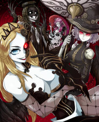  4girls absurdres agrat_bat_mahlat_(megami_tensei) black_flower black_wings blank_eyes blonde_hair blue_eyes breasts demon_(megami_tensei) dreadlocks eisheth_zenunim_(megami_tensei) flower frown grey_eyes grin hat highres large_breasts lilith_(megami_tensei) lipstick long_hair looking_at_viewer makeup multiple_girls naamah_(megami_tensei) pink_hair ranaparlante red_eyes shin_megami_tensei shin_megami_tensei_v shin_megami_tensei_v:_vengeance simple_background smile snake umbrella very_long_fingernails wings witch_hat 