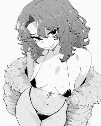 absurdres bikini black_bikini black_eyes breasts coat collarbone cowboy_shot female fluffy_hair from_above fur_coat greyscale hatching_(texture) head_tilt highres looking_at_viewer medium_breasts medium_hair micro_bikini miregeist monochrome off-shoulder_coat off_shoulder original parted_bangs standing sweat swimsuit tongue tongue_out white_background 
