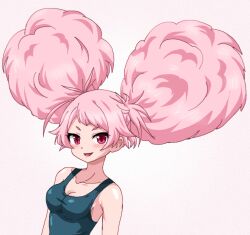  afro_puffs blue_one-piece_swimsuit breasts chuatury_panlunch cleavage commentary_request double_bun female gundam gundam_suisei_no_majo hair_bun hayashiya_zankurou medium_breasts one-piece_swimsuit open_mouth pink_eyes pink_hair smile solo swimsuit upper_body 