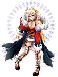  animal_ears bell black_coat black_shoes blonde_hair blue_bow blush bow breasts cleavage closed_mouth coat commentary_request detached_sleeves female fishnet_thighhighs fishnets fox_ears fox_girl full_body fur-trimmed_skirt fur-trimmed_sleeves fur_coat fur_trim hairbow high_heels highres jingle_bell large_breasts leaning_forward long_hair looking_at_viewer miniskirt navel official_alternate_costume open_clothes open_coat ragnarok_online red_skirt red_sleeves red_sports_bra shadow_chaser_(ragnarok_online) shoes simple_background skirt smile solo spiked_anklet sports_bra standing takaha_momo thighhighs twintails uneven_eyes v-shaped_eyebrows white_background 