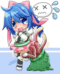  armor armored_boots belt black_thighhighs blue_background blue_eyes blue_hair blush boots bow breastplate chibi chibi_only commentary_request dated female flying_sweatdrops full_body green_belt hairbow hydra_(ragnarok_online) long_hair looking_at_viewer lord_knight_(ragnarok_online) miniskirt open_mouth pauldrons pink_bow pink_skirt ragnarok_online shoulder_armor skirt smile solo spica_parfait takaha_momo tearing_up tentacle thighhighs two-tone_background v-shaped_eyebrows white_background 