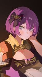  armor bernadetta_von_varley bernadetta_von_varley_(timeskip) black_bow blush book bow breasts candle cleavage commentary dress english_commentary female fire fire_emblem fire_emblem:_three_houses gbbgb321 grey_eyes hairbow head_rest highres looking_at_viewer medium_breasts open_book pauldrons purple_dress purple_hair revision shoulder_armor solo table 