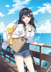  :d bag black_hair blue_eyes blue_sky bracelet braid breasts camisole cleavage cloud cloud_hair_ornament cover cover_page cowboy_shot denim denim_shorts female hair_intakes handbag handrail hat highres holding holding_bag itsumo_wa_majime_na_iinchou_dakedo_kimi_no_kanojo_ni_nareru_kana? jewelry long_hair nardack necklace novel_cover ocean off-shoulder_shirt off_shoulder official_art second-party_source shirt shorts sky smile solo standing twin_braids unworn_headwear yoshino_sara 