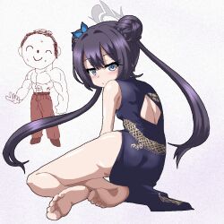  1boy back_cutout barefoot black_hair blue_archive blush brown_pants bun_with_braided_base china_dress chinese_clothes clothing_cutout commentary_request doodle_sensei_(blue_archive) double_bun dress female from_behind grey_eyes hair_bun halo hayashiya_zankurou kisaki_(blue_archive) long_hair looking_at_viewer muscular muscular_male oekaki pants sensei_(blue_archive) sitting sweat topless_male twintails yokozuwari 