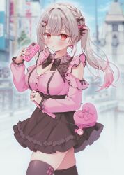  absurdres alternate_costume black_bow black_bowtie black_skirt black_thighhighs blurry blurry_background blush bow bow_legwear bowtie breasts cellphone character_name cleavage cleavage_cutout clothing_cutout commentary_request cowboy_shot detached_sleeves female frilled_sleeves frills gradient_hair grey_hair hair_ornament hairclip heart-shaped_bag high-waist_skirt highres holding holding_phone indie_virtual_youtuber jewelry jirai_kei large_breasts long_hair long_sleeves multicolored_hair orange_eyes phone pink_bag pink_hair pink_shirt pink_sleeves pout ring shirt skirt smartphone solo standing suou_patra thighhighs tt_chicca twintails zettai_ryouiki 