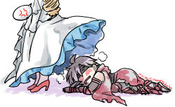  1boy arm_blade armor artist_name black_blindfold blindfold blonde_hair blush commentary_request dated dress female frilled_dress frills full_body gauntlets grey_hair guillotine_cross_(ragnarok_online) implied_pantyshot on_floor open_mouth pauldrons pervert princess_meer ragnarok_online red_armor short_hair shoulder_armor simple_background straight takaha_momo weapon white_background white_dress 