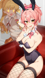  +_+ 2girls absurdres animal_ear_hairband animal_ears black_leotard bow bowtie breasts brown_eyes brown_sweater_vest cellphone cleavage collared_shirt couch detached_collar dress_shirt fake_animal_ears fishnet_thighhighs fishnets hairband highres idolmaster idolmaster_cinderella_girls jougasaki_mika jougasaki_rika large_breasts leotard multiple_girls oerba_yun_fang open_mouth pasuterusawaa phone pink_hair playboy_bunny ponytail rabbit_ears red_bow red_bowtie school_swimsuit shirt siblings sisters sitting skin_fang smartphone strapless strapless_leotard sweater_vest swimsuit thighhighs white_shirt wrist_cuffs 