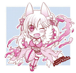  animal_ears bell blush breasts cleavage coat commentary_request dated detached_sleeves female fishnet_thighhighs fishnets fox_ears full_body fur-trimmed_skirt fur-trimmed_sleeves fur_coat fur_trim hair_bell hair_ornament hair_ribbon holding holding_paintbrush jingle_bell large_breasts long_hair looking_at_viewer miniskirt monochrome open_clothes open_coat open_mouth paint paintbrush pink_theme ragnarok_online ribbon shadow_chaser_(ragnarok_online) skirt smile solo spiked_anklet takaha_momo thighhighs v-shaped_eyebrows 