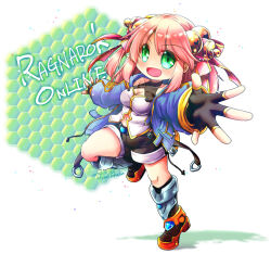 :d armored_boots artist_name bell black_gloves black_shorts black_socks blue_jacket blush boots breasts cleavage cleavage_cutout clothing_cutout commentary_request copyright_name dated female fingerless_gloves full_body gloves green_eyes hair_bell hair_ornament jacket jingle_bell large_breasts long_hair looking_at_viewer meister_(ragnarok_online) navel_cutout open_clothes open_jacket open_mouth pink_hair ragnarok_online reaching reaching_towards_viewer shirt short_shorts shorts sleeveless sleeveless_shirt smile socks solo takaha_momo v-shaped_eyebrows white_background white_shirt 