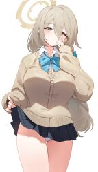  absurdres akane_(blue_archive) akane_(school_uniform)_(blue_archive) blue_archive blush breasts brown_cardigan brown_eyes brown_hair cardigan clothes_lift collared_shirt commentary female hair_between_eyes halo highres large_breasts lifting_own_clothes long_hair looking_at_viewer miniskirt no_eyewear nogong panties pleated_skirt school_uniform shirt simple_background skirt skirt_lift sleeves_past_wrists solo symbol-only_commentary underwear white_background white_panties white_shirt 
