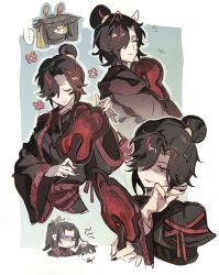  ... 2boys 2girls animal_ears bandage_over_one_eye black_hair black_nails chinese_clothes closed_eyes commentary_request facing_viewer hair_bun hair_over_one_eye hand_fan hat highres holding holding_detached_head holding_fan jia_qiu_(project_moon) limbus_company long_hair looking_at_viewer multicolored_hair multiple_boys multiple_girls notice_lines partially_shaded_face ponytail project_moon qingtao_(project_moon) rabbit_ears red_eyes severed_head single_hair_bun smile spoken_ellipsis streaked_hair tongue tongue_out wrong5166 x_x yellow_eyes zigong_(project_moon) zilu_(project_moon) 