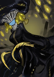  absurdres black_hat black_jacket black_skin blue_skin blush breasts cave chinese_commentary clawed_hands closed_mouth colored_skin commentary_request covered_eyes dutch_angle female hanging_light hat highres indoors jacket medium_breasts medium_hair monster_girl monster_hunter_(series) monster_hunter_wilds multicolored_jacket scylla smile solo sora_sakura tentacle tentacle_arm tentacle_hair two-tone_hat two-tone_jacket xu_wu_(monster_hunter) yellow_claws yellow_hat yellow_trim 