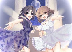  2girls :d antenna_hair ayuko_ammobium black_eyes black_hair blush brown_eyes brown_hair collarbone commentary_request dress floating_hair floral_print_dress hagiwara_yukiho highres idolmaster idolmaster_(classic) jewelry kikuchi_makoto looking_at_viewer moon multiple_girls necklace night night_sky open_mouth outstretched_arm outstretched_hand purple_dress see-through_clothes see-through_dress short_hair sky smile standing teeth upper_teeth_only white_dress 